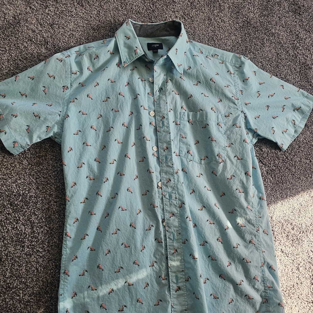 J. Crew Men’s Aqua Short-Sleeve Button-Down Shirt with Small Bird Print